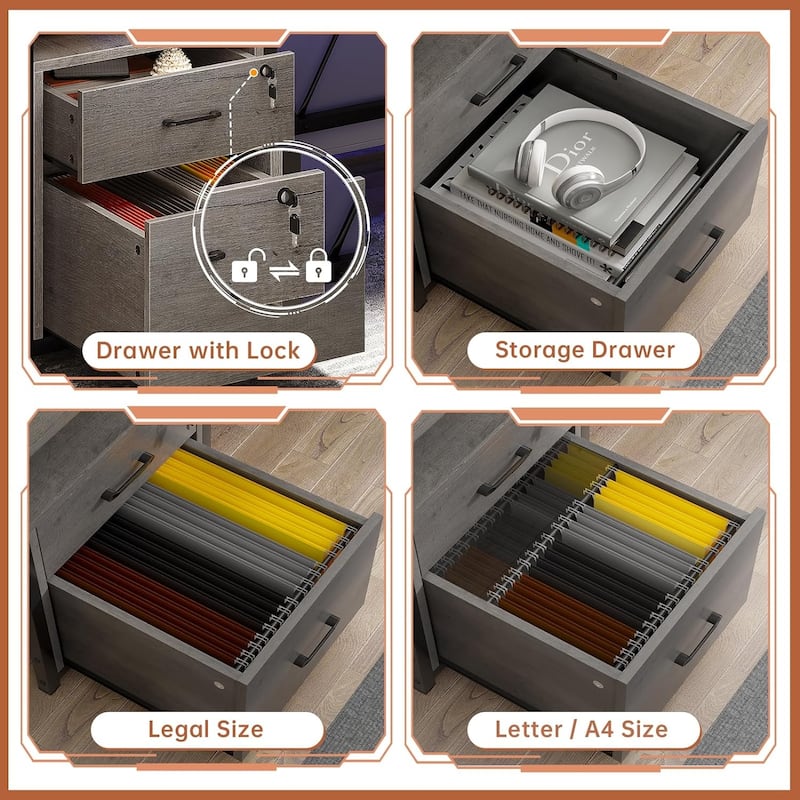 LED Computer Desk With Lock Drawers Keyboard Tray Power Outlet