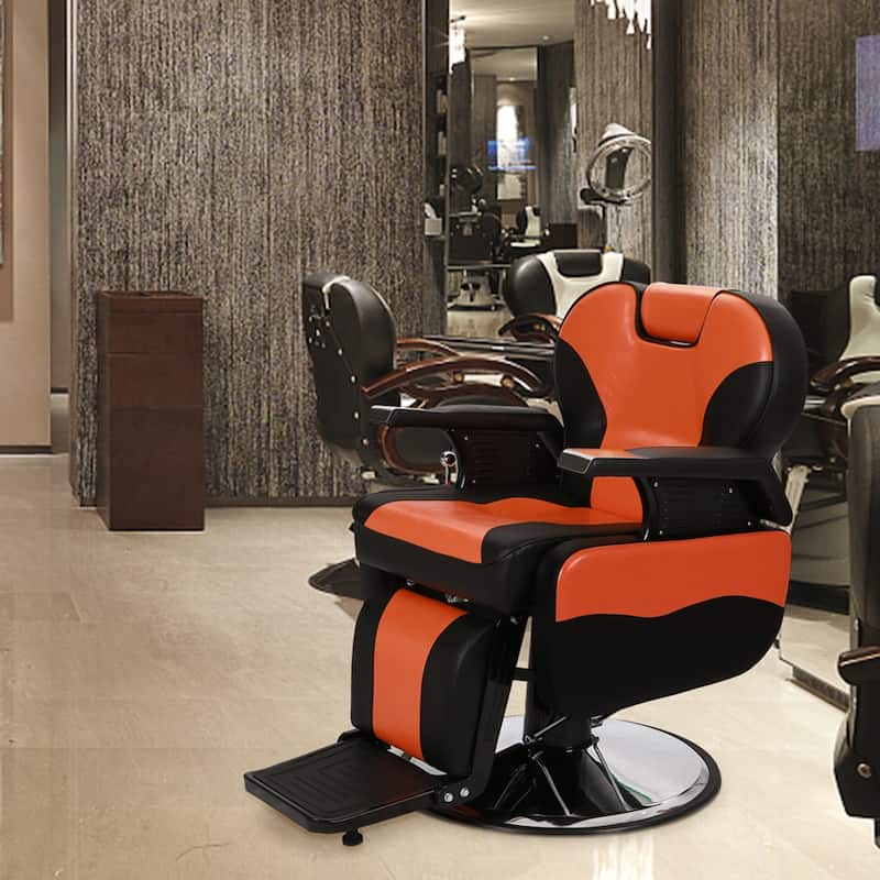 Barber Chair with Leather Cover, Wooden Armrest Shell, Iron Footrest ...