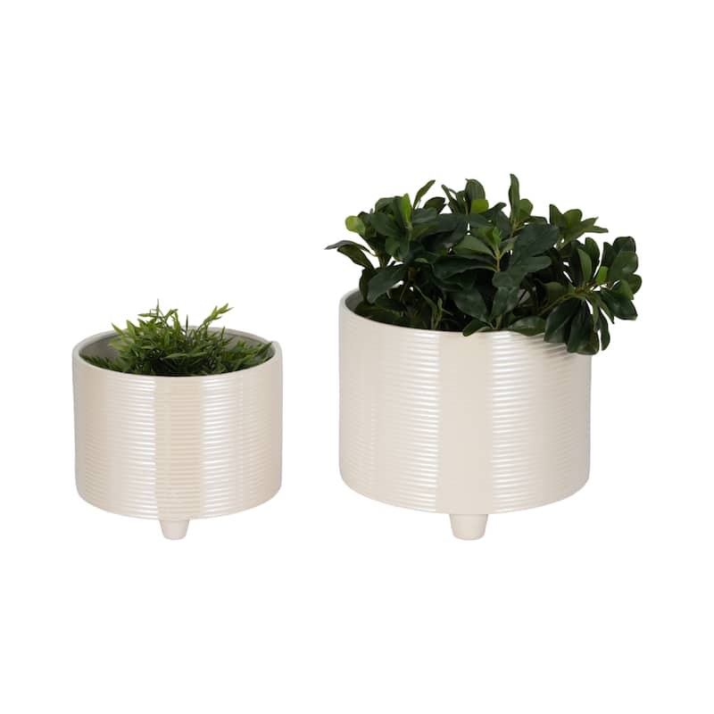 Sagebrook Home Porcelain Planters - Set of 2 Iridescent Ribbed Ivory Planters - 12" x 12" x 10"