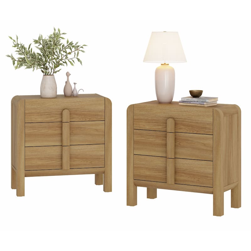 WAMPAT Modern Wood Nightstand With 3 Drawers ,31.5" Large Mid-Century End Table,Curved Bedside Table Storage Cabinet For Bedroom - Walnut - 6-drawer