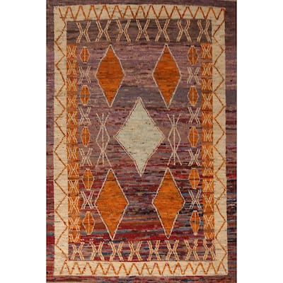 Geometric Purple Moroccan Oriental Area Rug Handmade Wool Carpet - 6'9" x 9'6"