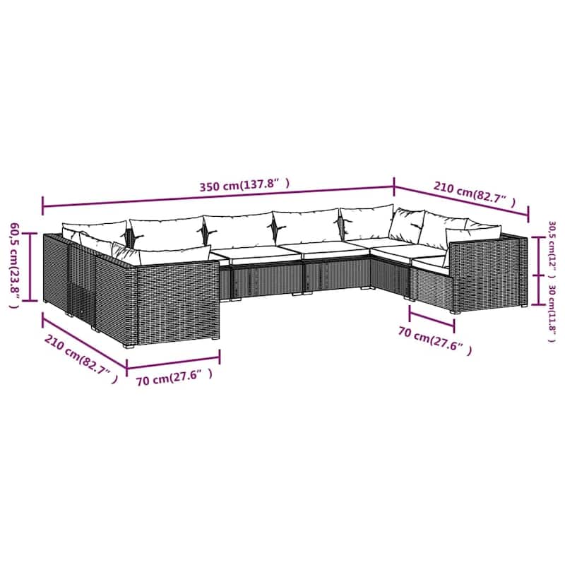 vidaXL Patio Lounge Set Outdoor Sectional Sofa Set Table Garden Poly Rattan - 27.6" x 27.6" x 23.8"