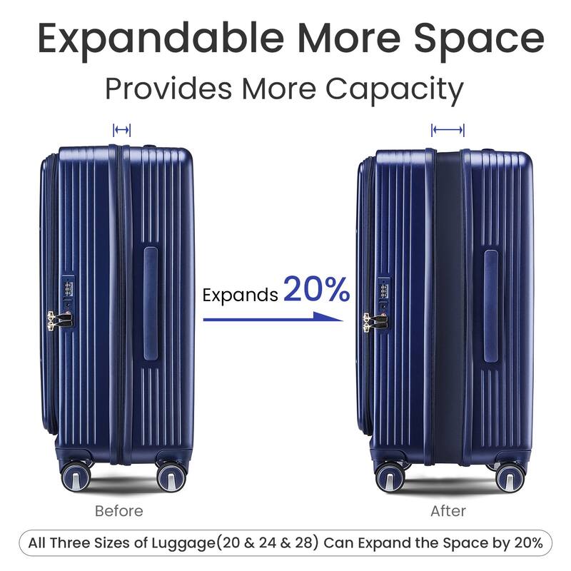 Luggage Sets 3 Piece(20/24/28), Expandable Carry On Luggage with TSA Lock Airline Approved, 100% PC Hard Shell - Navy Blue