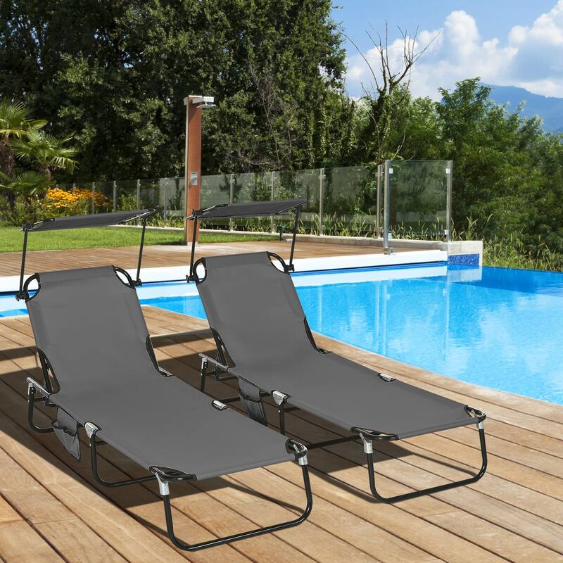 Outsunny Folding Chaise Lounge Pool Chairs with Canopy Shade, Reclining Back, Steel Frame and Side Pocket, 2 Piece