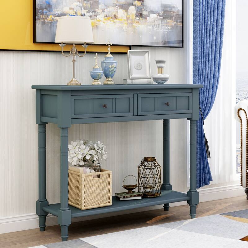 Daisy Series Wood Console Table with Two Drawers and Shelf - 13.80 x 35.43 x 29.90 - Navy