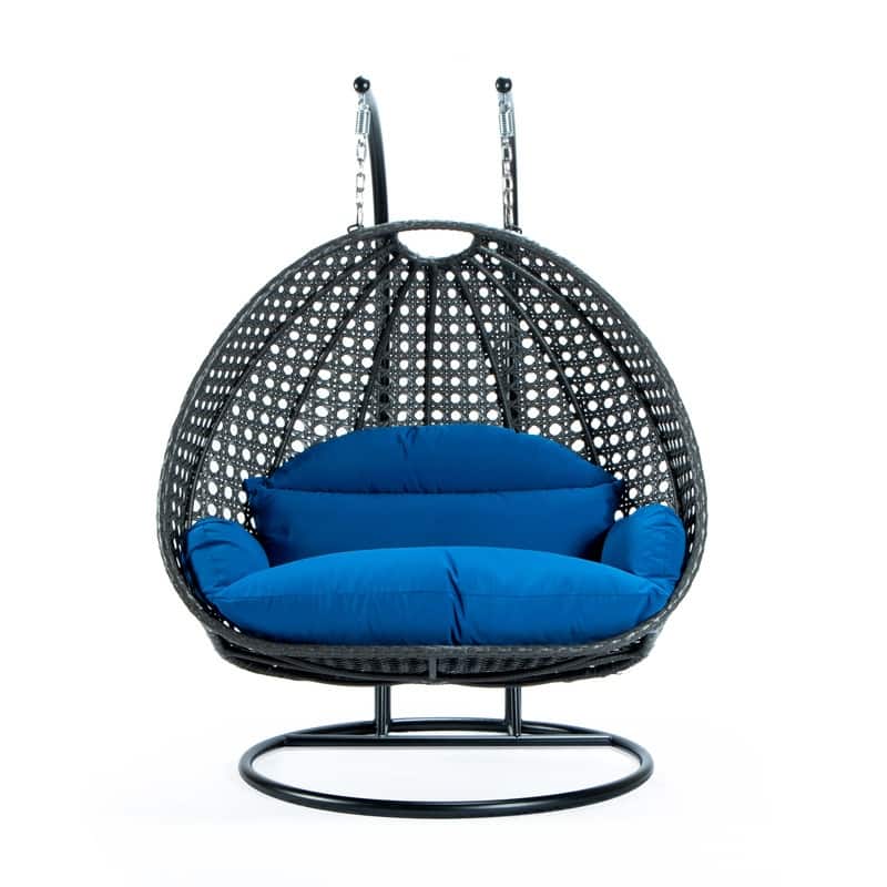 LeisureMod 2-Person Charcoal Wicker Egg Swing - Includes Metal Stand & Cushions - Modern Double Patio Lounger