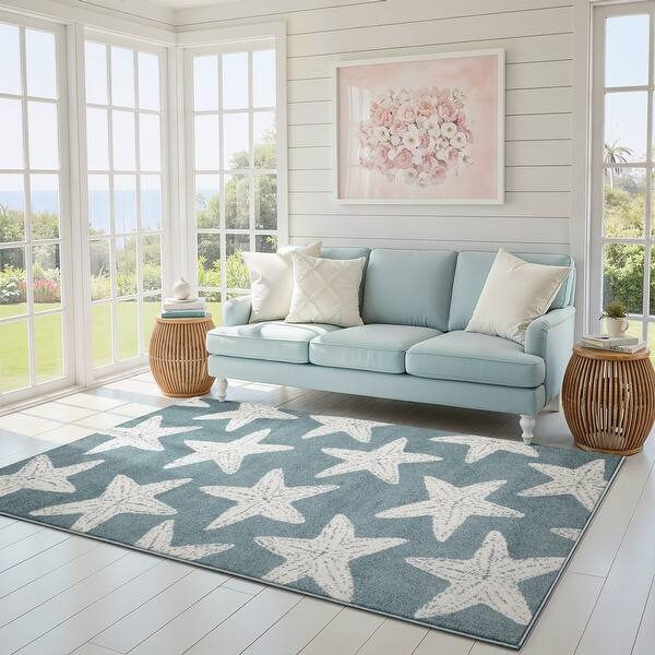 slide 2 of 11, ROW Quinn Coastal Star Fish Blue/ Ivory Area Rug 5' 3" x 7' - Rectangle
