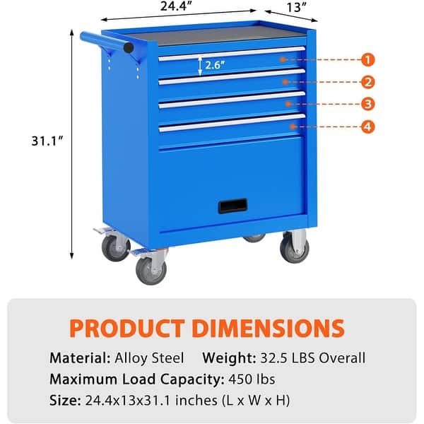 dimension image slide 3 of 4, 4 Drawers Rolling Tool Chest Metal Tool Cart Storage Cabinet