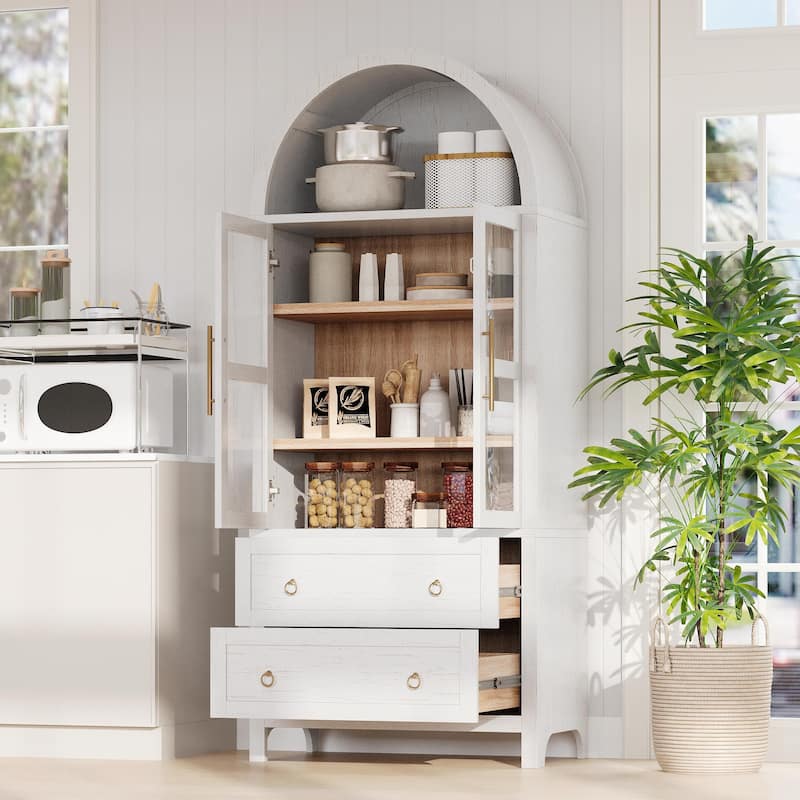 71" Tall Arched Kitchen Pantry Cabinet with 2 Large Drawers - Walnut