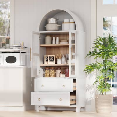 71" Tall Arched Kitchen Pantry Cabinet with 2 Large Drawers