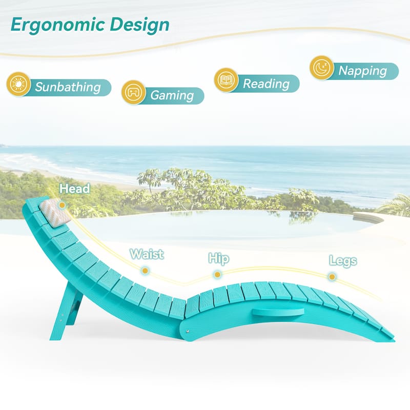 2-Piece Folding HDPS Plastic Outdoor Pool Chaise Lounges with Headrest Cushion