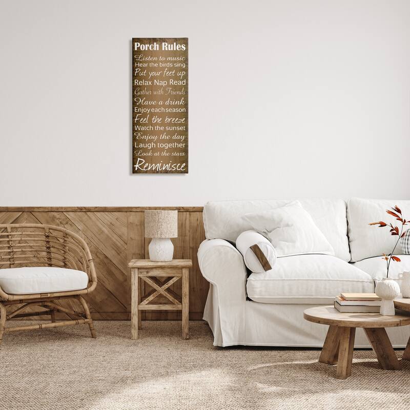 Stupell Porch Rules Country Landscape Wood Textured Word Design,10x24, Proudly Made in USA