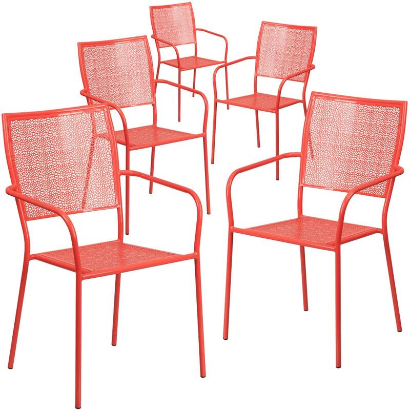 5 Pack Indoor-Outdoor Steel Patio Arm Chair with Square Back - Coral