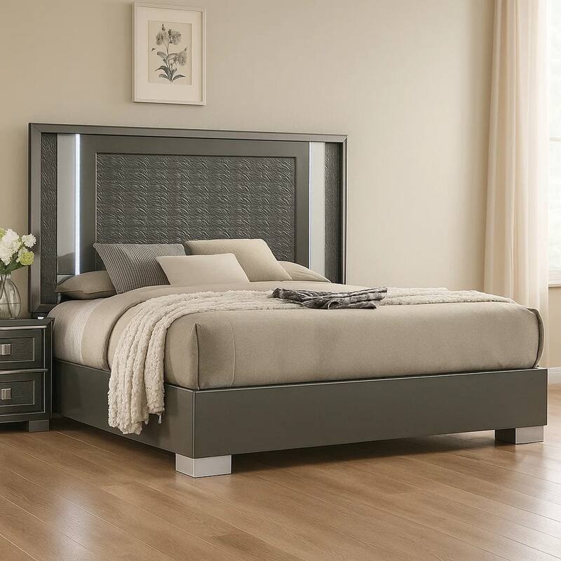 Levi Queen Bed, Dark Gray, Solid Teak and Rubberwood, Modern LED Lighting