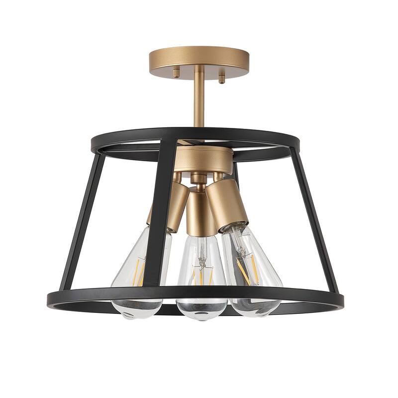 Matte Black 3-Light Openwork Metal Drum Shade Semi-Flush Mount Ceiling Light Fixture