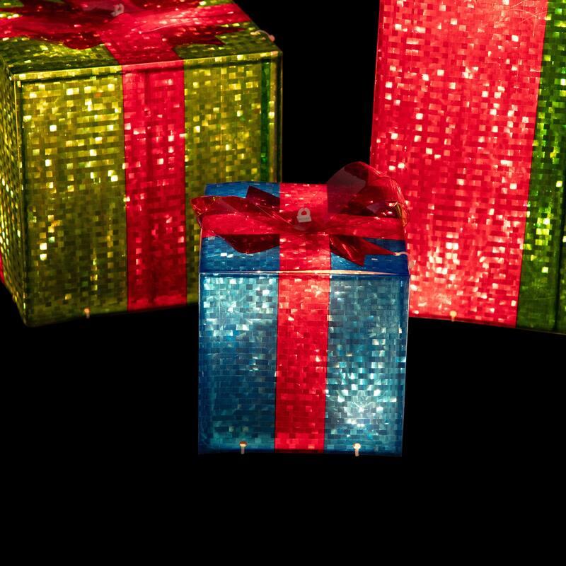 Set of 3 Red Green Lighted Gift Box Outdoor Patio Christmas Decor 10"