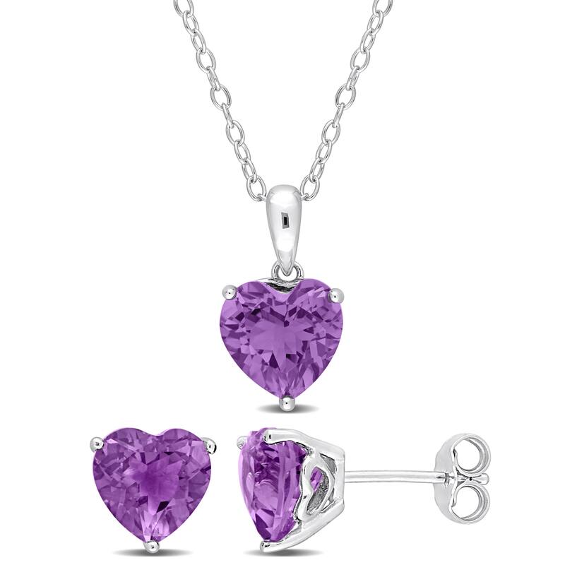 Miadora 4 1/2ct TGW Heart-Shape Amethyst Solitaire Necklace and Stud Earrings Set in Sterling Silver