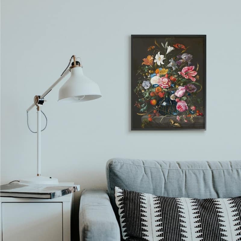 Stupell Elegant Floral Bouquet Butterfly and Fruit Details Framed Wall Art - Grey