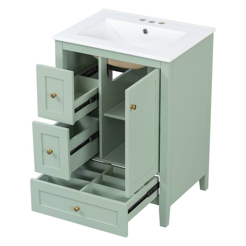 24-Inch Bathroom Vanity with Storage, Adjustable Shelf, MDF & Rubberwood, Removable Dividers, Green Finish