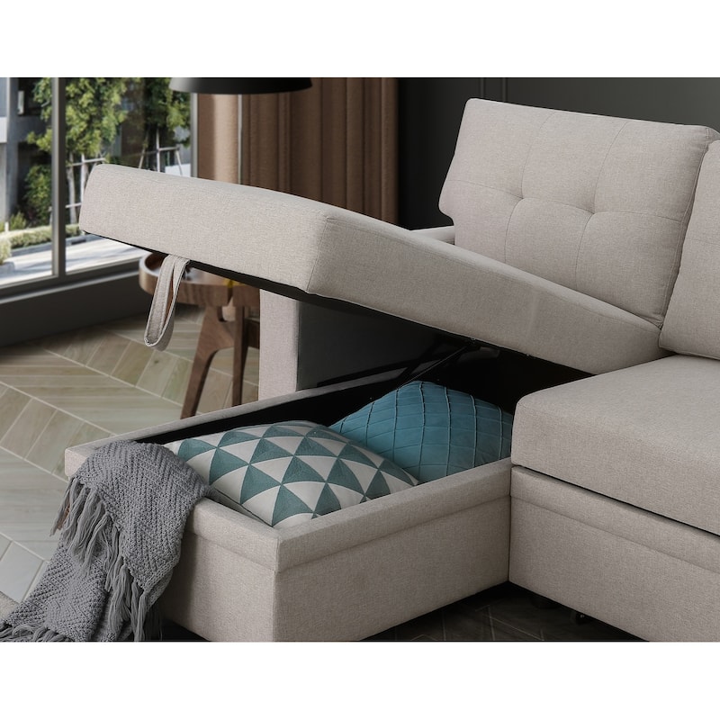 Pull-out Upholstered Sectional Sofa with Storage Chaise & Removable Cushions