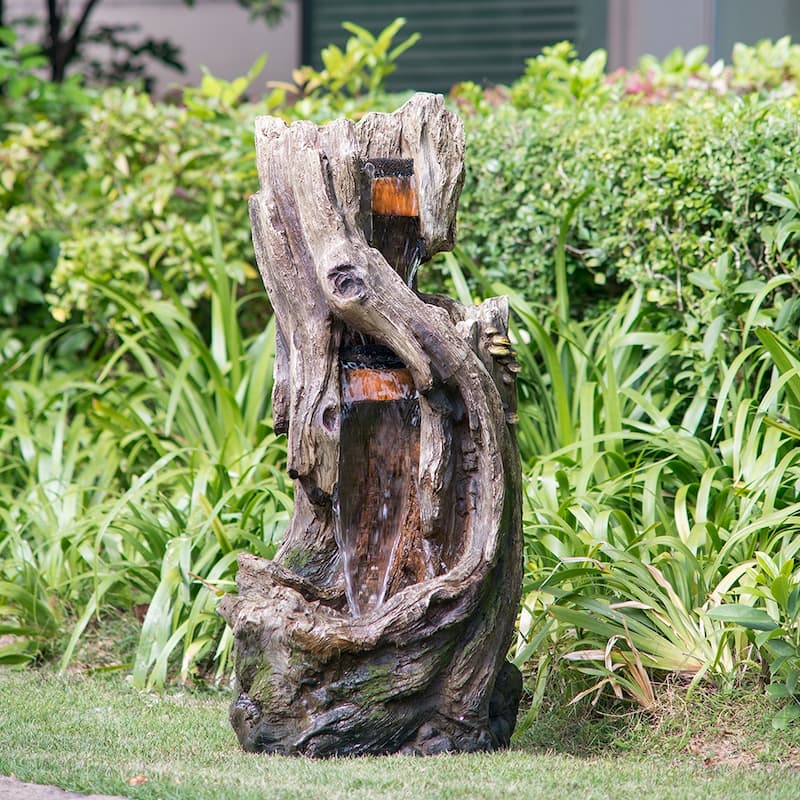 Polyresin Rusitic Floor Standing Waterfall Fountain with Light,Natural Water Feature for Garden Lawn Porch Yard