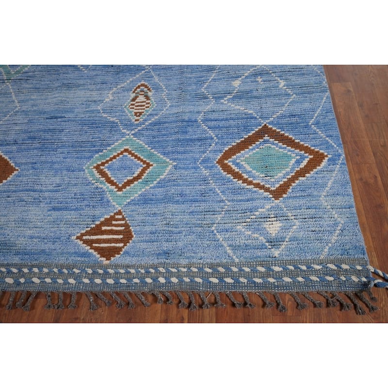 Blue Geometric Moroccan Area Rug Hand-Knotted Wool Carpet - 8'7"x 12'2"