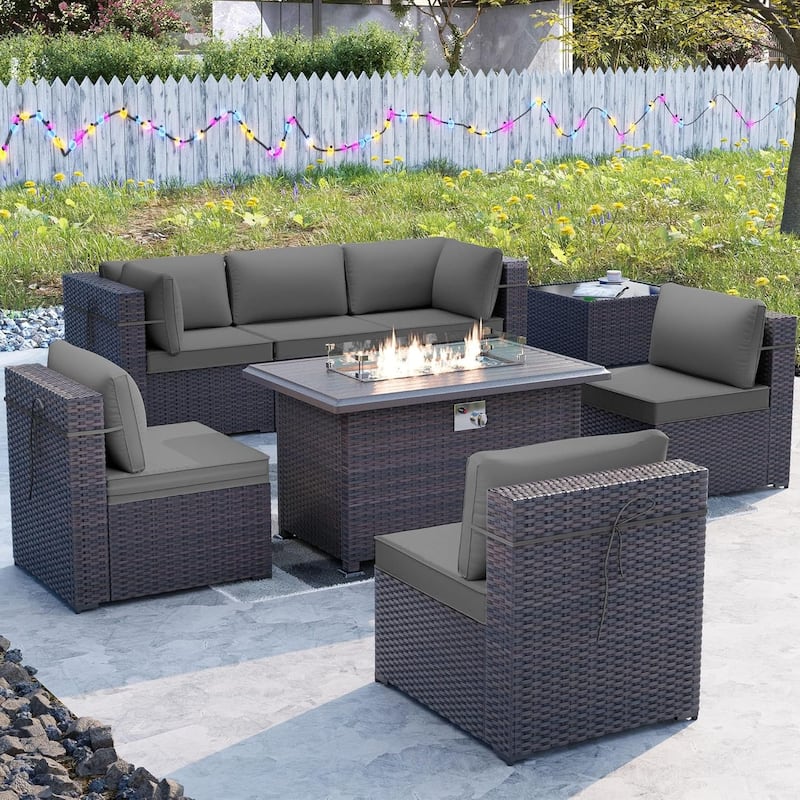 8 Pieces Outdoor Patio Furniture Set, All Weather PE Wicker Sectional Conversion Sofa set w/ Firepit Table