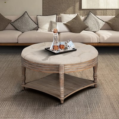 Large Round Ottoman Coffee Table 2 Tier, Oversized Button with Wooden Shelf Storage, Living Room Footstool Ottoman Linen