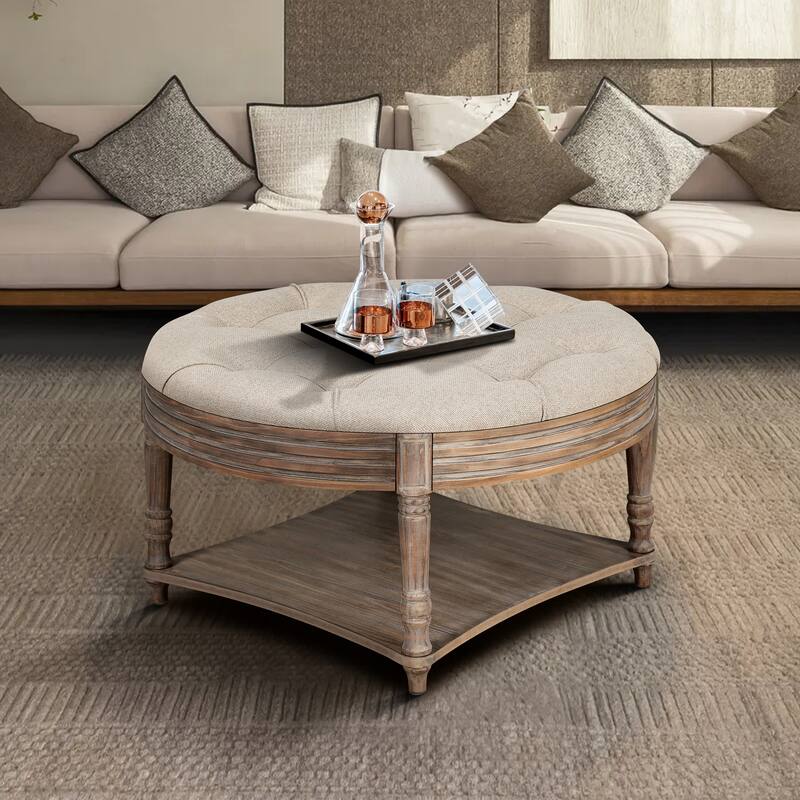 Large Round WaterProof Ottoman Coffee Table 2 Tier Oversized Button Tufted Ottoman