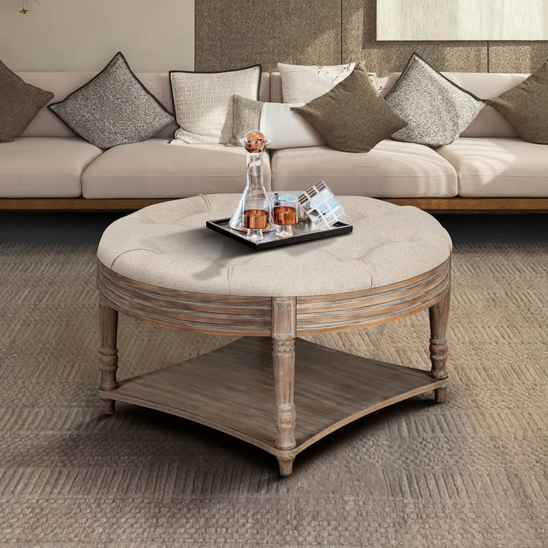 Large Round Waterproof Ottoman Coffee Table with Storage and Shelf