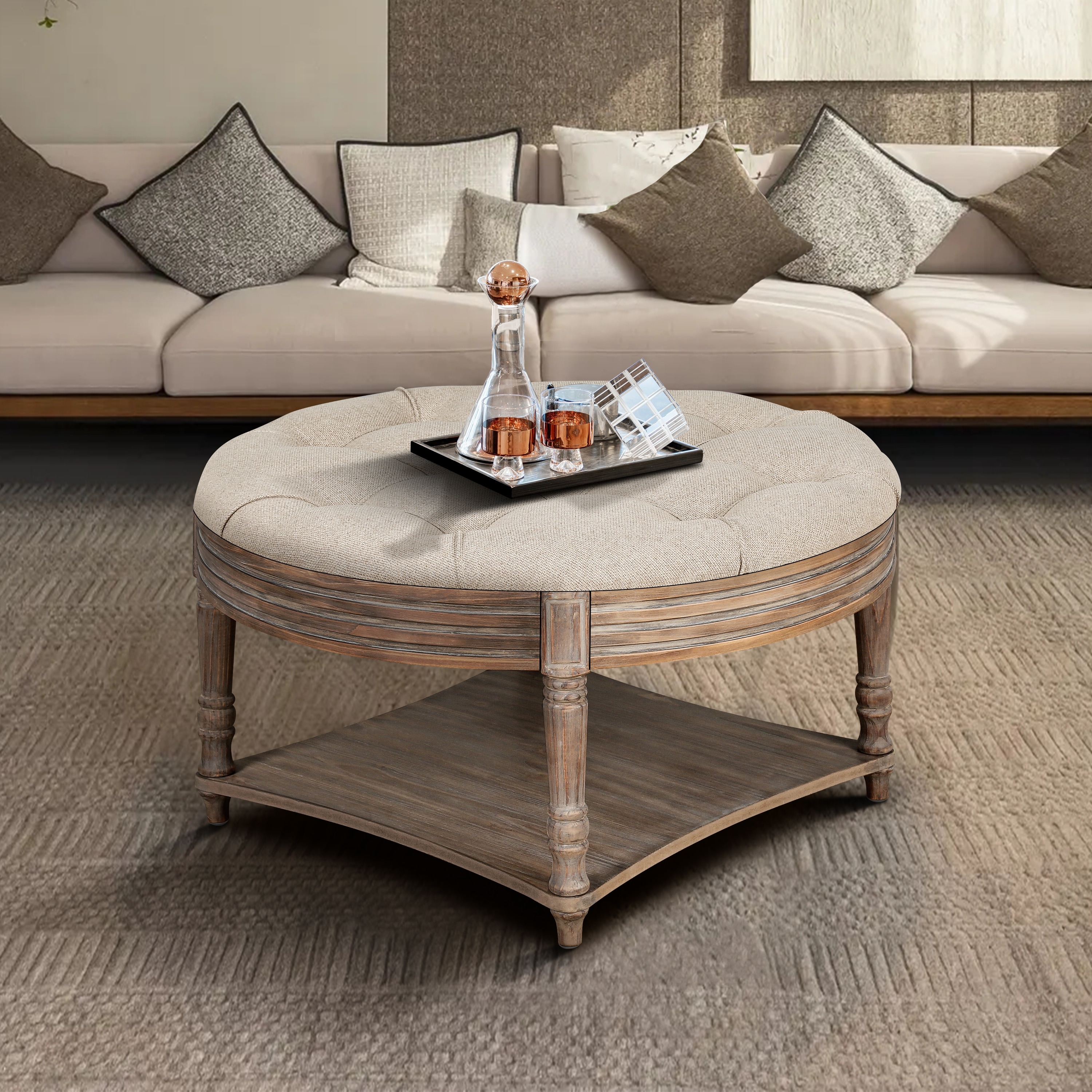 Large Round Waterproof Ottoman Coffee Table with Storage and Shelf
