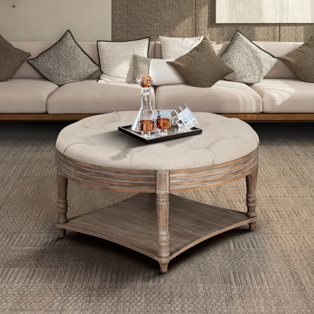 Round Coffee Table Oversized Storage Ottoman Linen Button Tufted Upholstered Footstool with Wooden Shelf and Hidden Storage