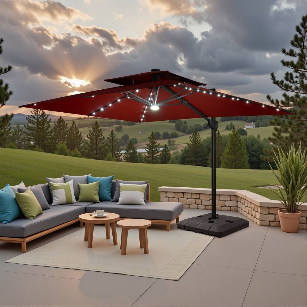 9 FT x 11 FT Outdoor Double Top LED Lighted Patio Cantilever Umbrella with Base