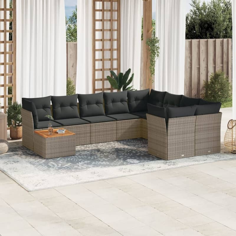 vidaXL Patio Sofa Set with Cushions Outdoor Furniture 10 Piece Poly Rattan - 21.7 x 21.7 x 14.6 - Grey-4x corner+Table+5x middle