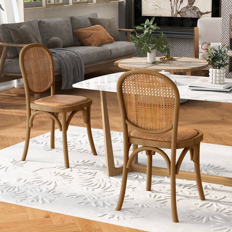 Bohemian Rattan Dining Chair Set of 2, Armless Side Chairs with Wooden Legs - Light Brown