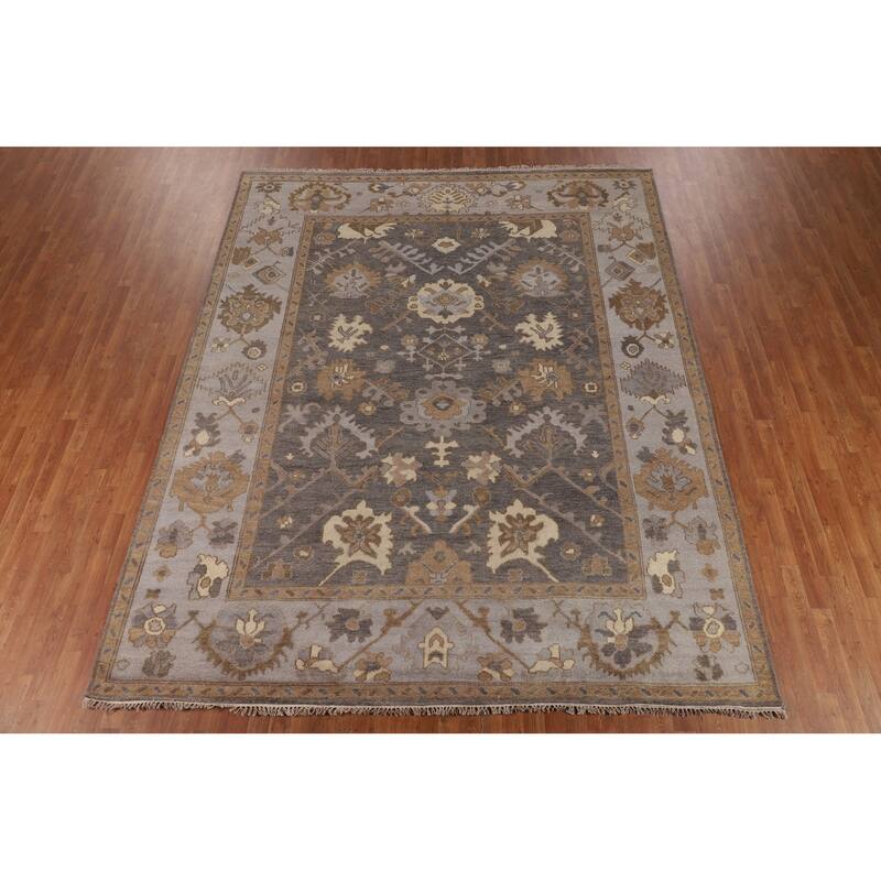 Gray Oushak Indian Area Rug Hand-Knotted Floral Wool Carpet - 9'3"x 11'7"