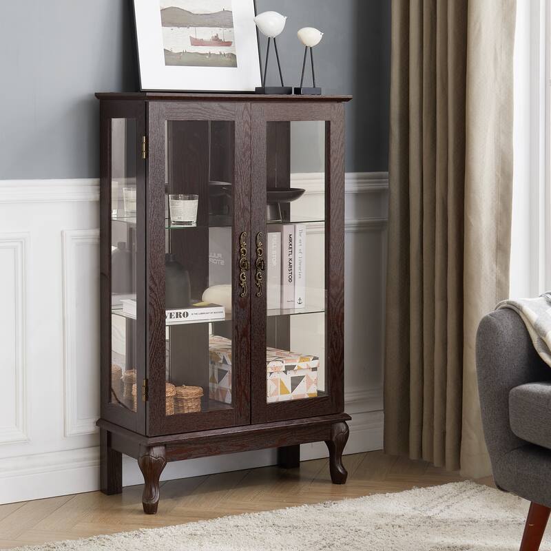 Lighted Curio Cabinet with Mirrored Back, 3 Tier Storage Display Cabinet with Tempered Glass Doors & Adjustable Shelves