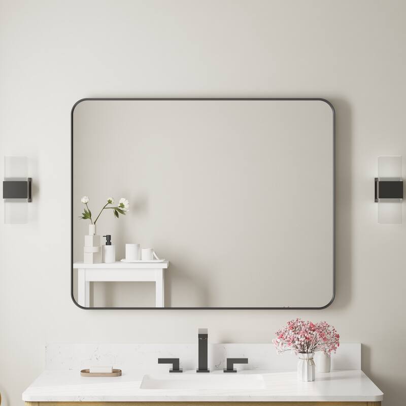 Modern Bathroom Rectangular Wall Mounted Anodized Aluminum Framed Vanity Mirror - 32 in.Wx 40in.H - Matte Black