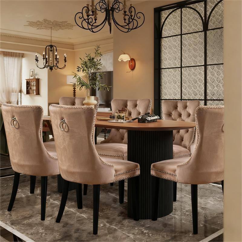 Tufted Naliheads Solid Wood Upholstered Dining Chairs Set of 6 - Khaki RubberWoodLegs