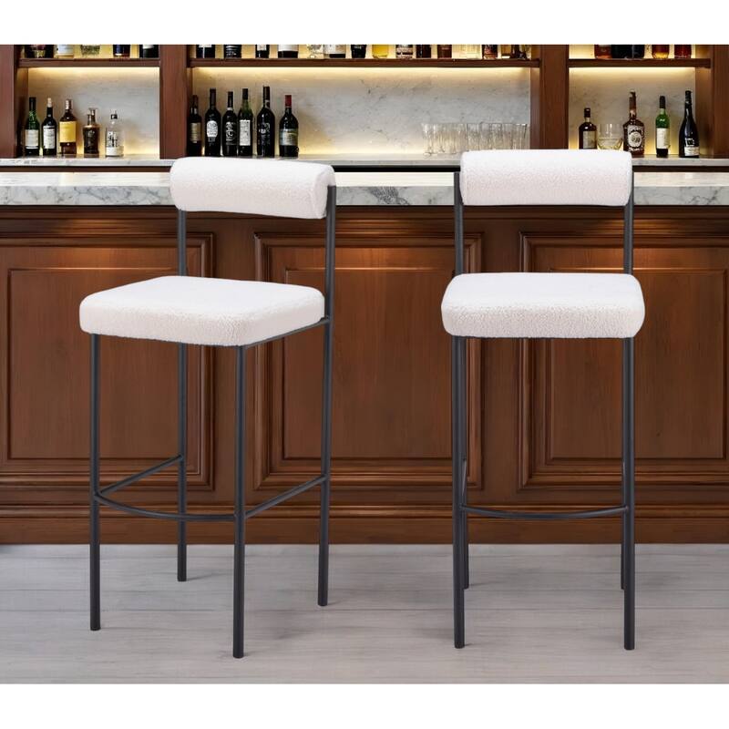 Set of Two 30" Ivory and Black Shearling and Steel Low Back Bar Height Bar Chairs - Ivory
