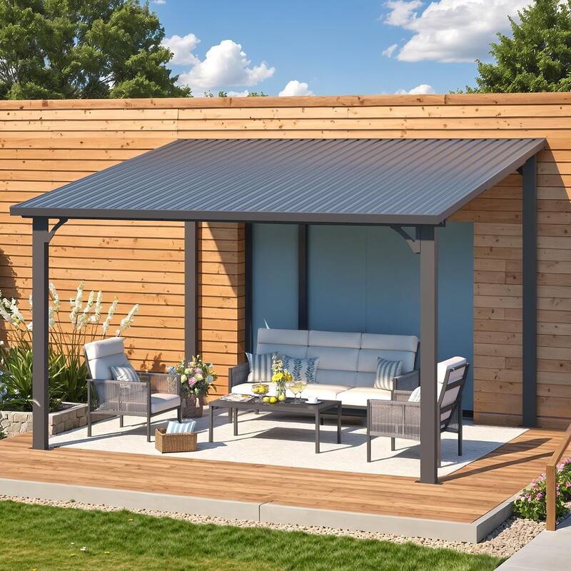 AECOJOY Hardtop Gazebo Outdoor Metal Lean to Pergola Galvanized Steel Roof - 12' x 10'