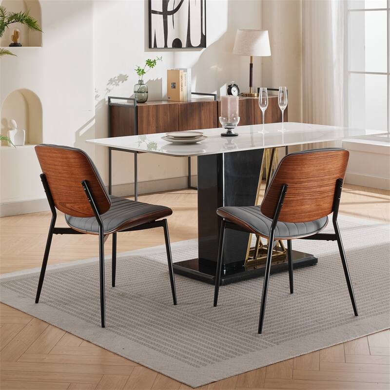 Set of 2 Modern Upholstered Seat Leather Dining Chairs with Metal Legs