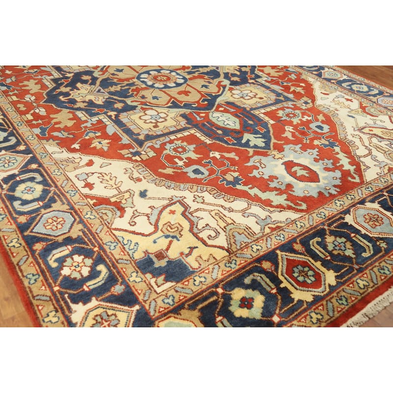 Medallion Heriz Serapi Indian Large Rug Hand-Knotted Wool Carpet - 9'8" x 13'11"