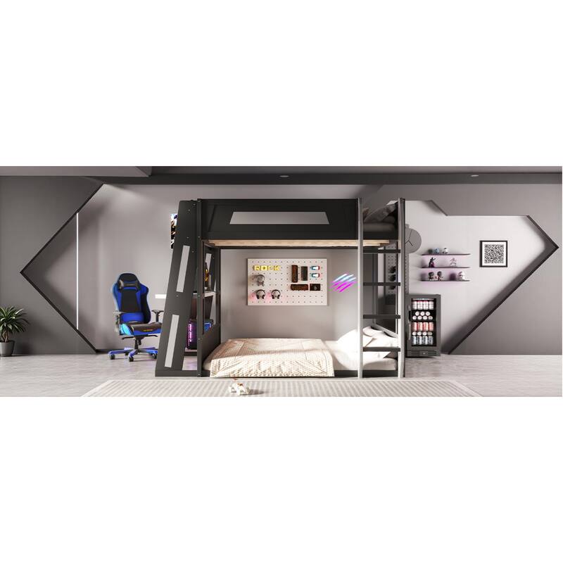 Roomfitters Queen Over Queen Gaming Bunk Bed with Desk, Storage Shelves and LED
