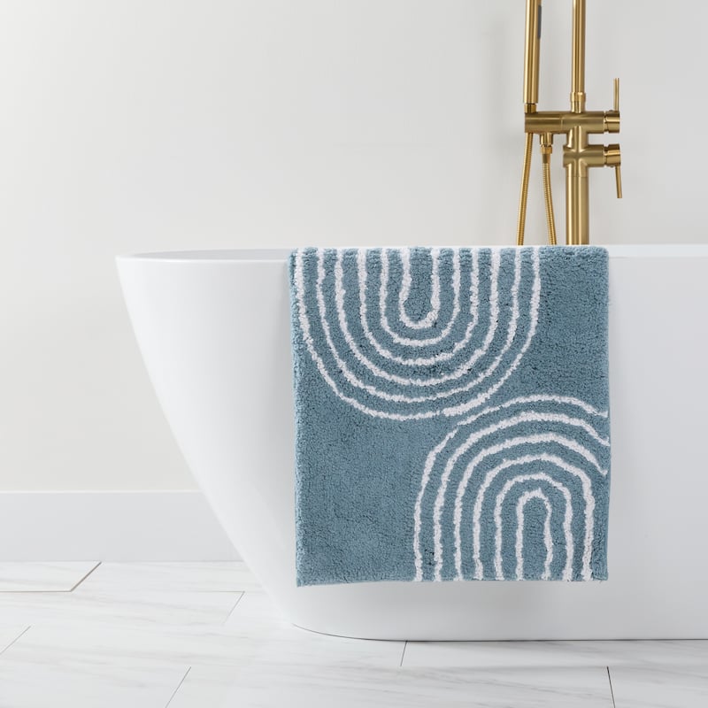 Becky Cameron 100% Cotton Modern Patterned Bath Mat - 24" x 17" - Light Blue Geometric