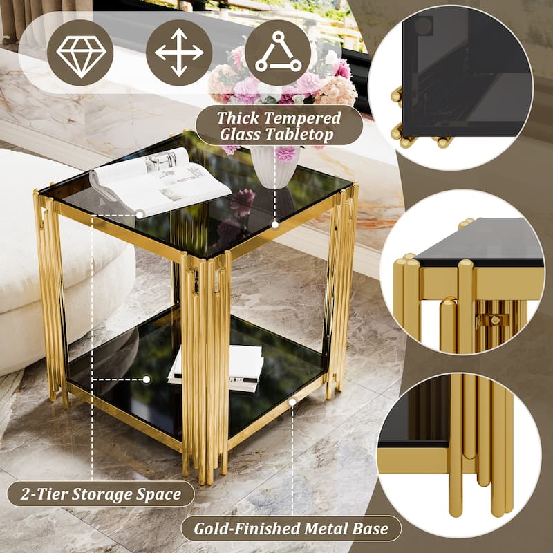 19.9" Modern Transparent Glass End Table for Living Room, Square,Asymmetrical Metal, Gold Finish & Lower Shelf