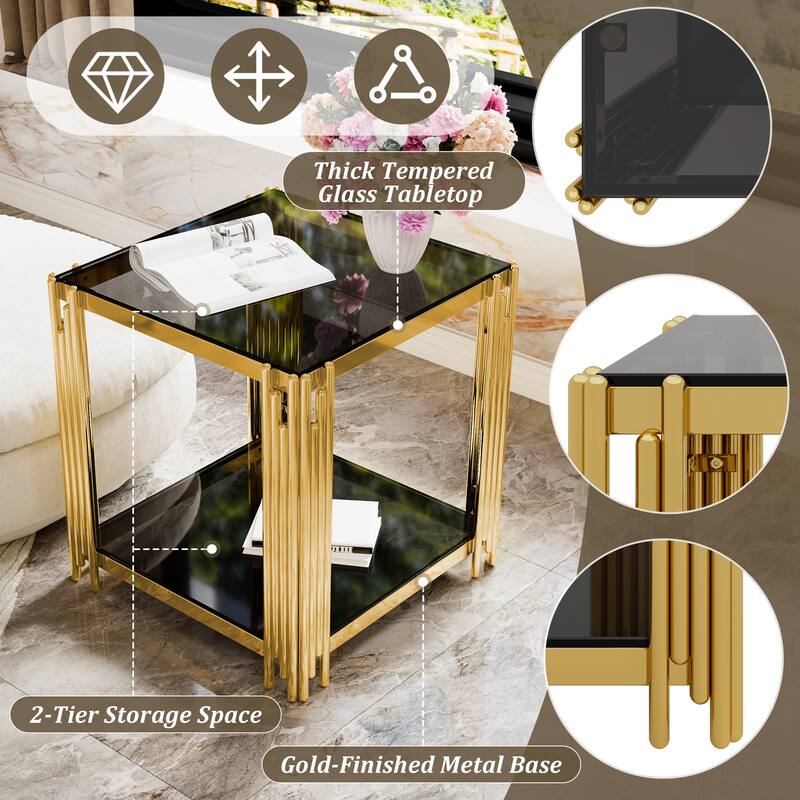 Square Gold & Glass End Table with 2-Tier Shelf and Sculptural Metal Frame by Harper&Bright Designs