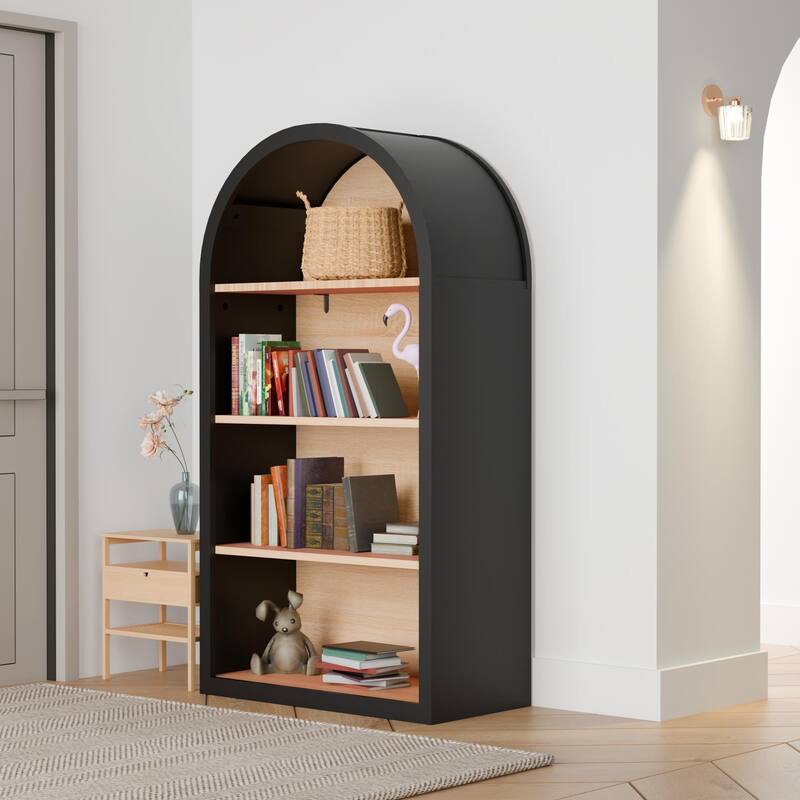 4-Tier Black Arched Bookshelf, 43" Tall Arched Bookcase with Storage Shelves