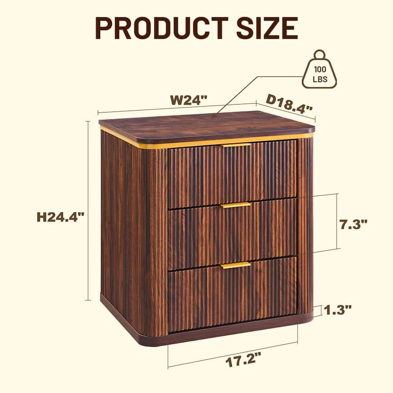 24" Mid Century Modern Fluted 3 Drawers Nightstand, Large End Table