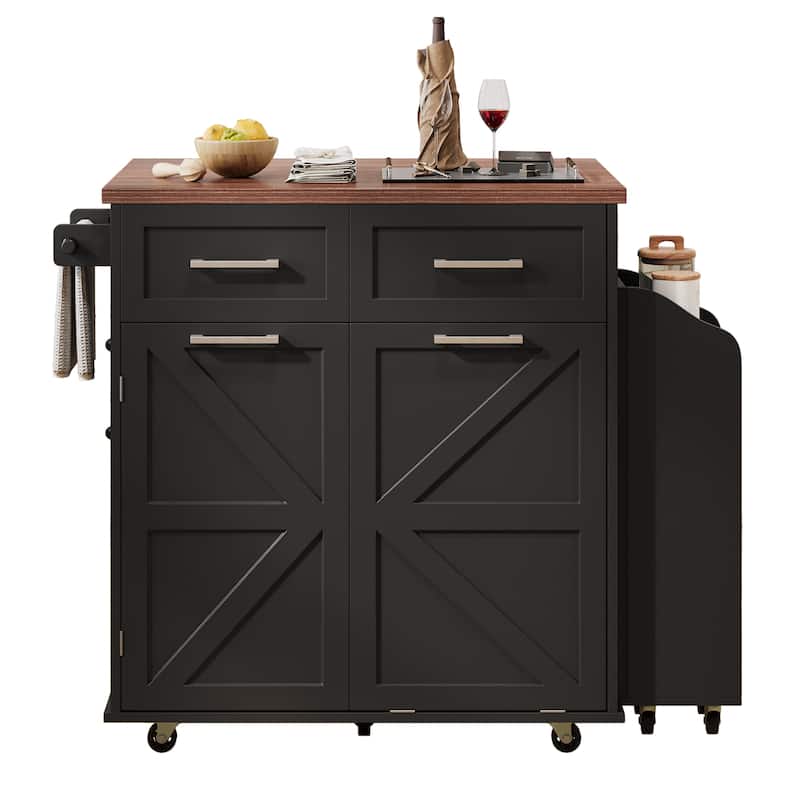 47.2"Farmhouse Kitchen Island with Drop Leaf, Removable Side Racks,Two Drawers,Rolling Kitchen Cart on Wheels with Towel Rack